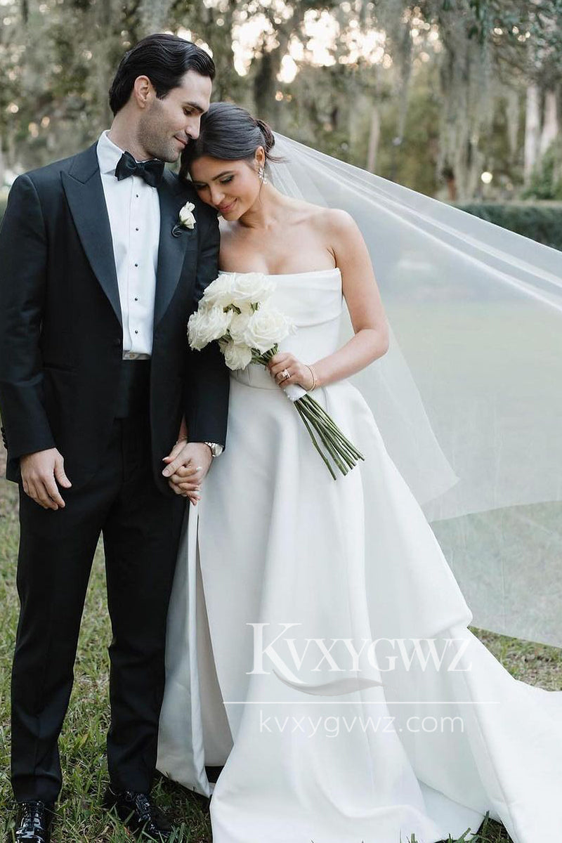 Glamorous A-Line Strapless White Satin Wedding Dresses Gown with Slit HS751