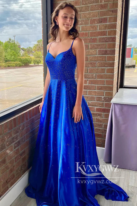 Charming Spaghetti Strap Evening Gown A Line V Neck Satin Long Prom Dress with Beading LF752