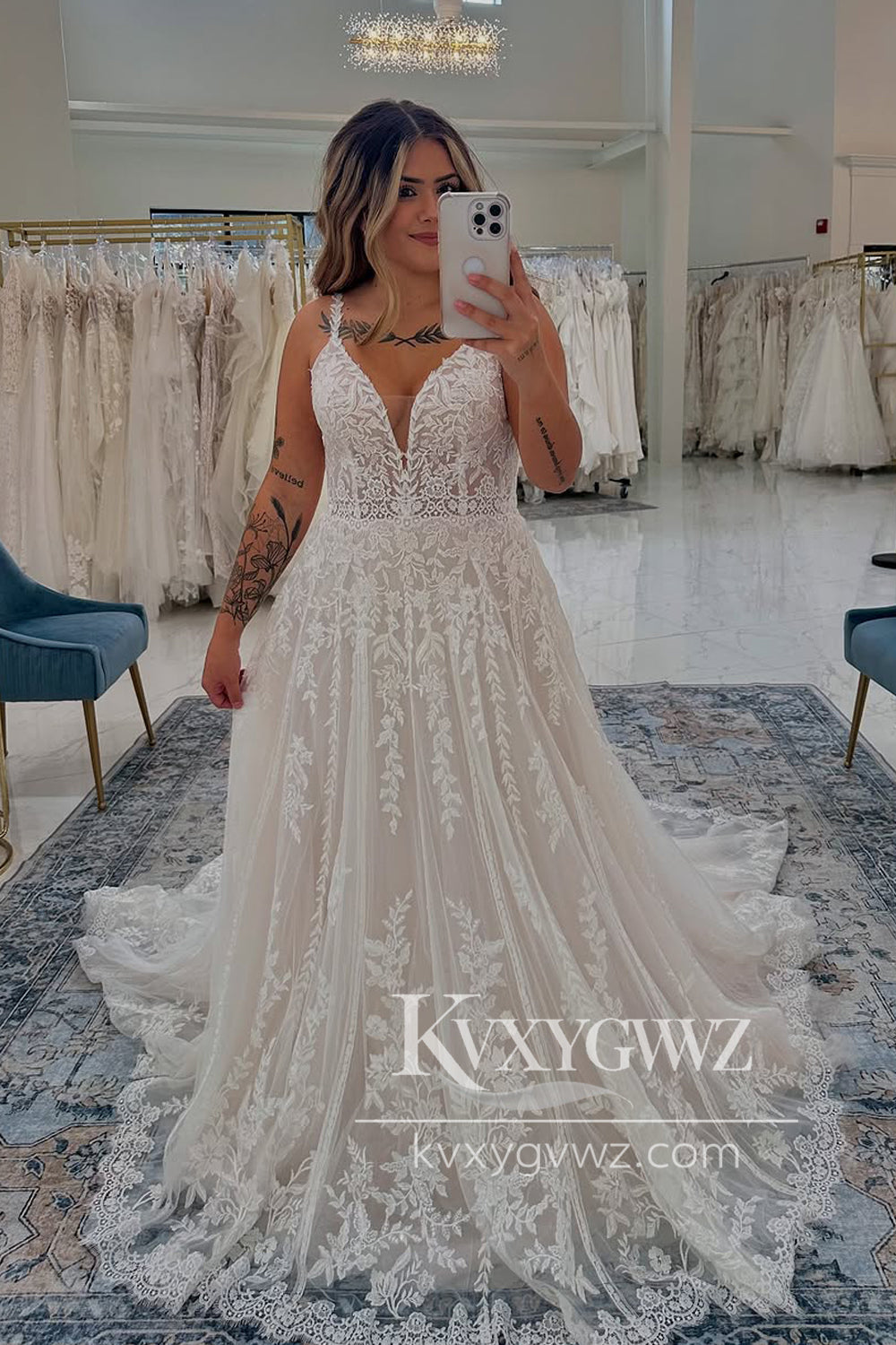A-Line V Neck Ivory Tulle Lace Wedding Dresses Gown HS752