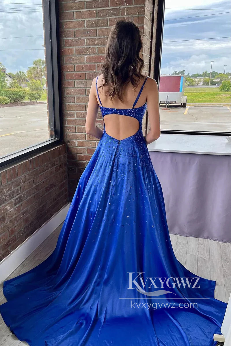 Charming Spaghetti Strap Evening Gown A Line V Neck Satin Long Prom Dress with Beading LF752