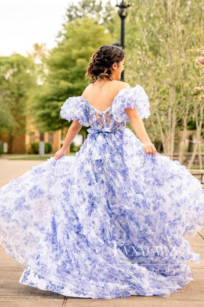 Charming A-Line Off the Shoulder Evening Gown Floral Printed Ruffle Tiered Prom Dress LF754