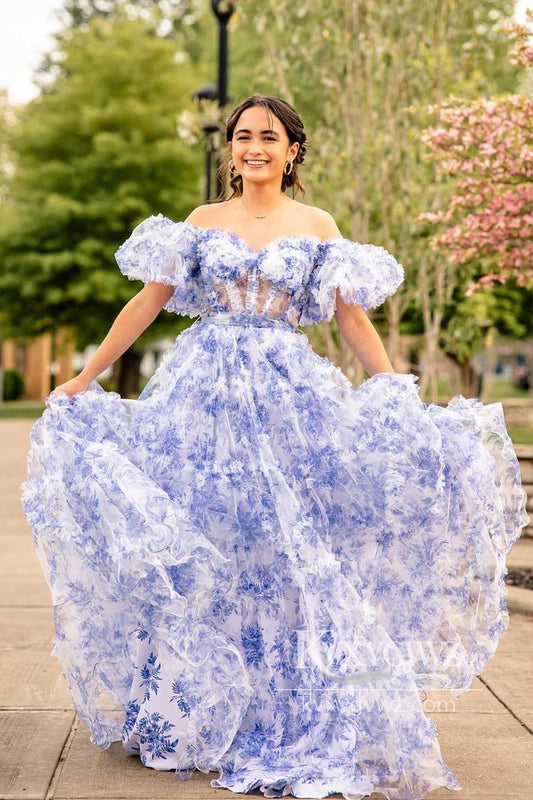 Charming A-Line Off the Shoulder Evening Gown Floral Printed Ruffle Tiered Prom Dress LF754