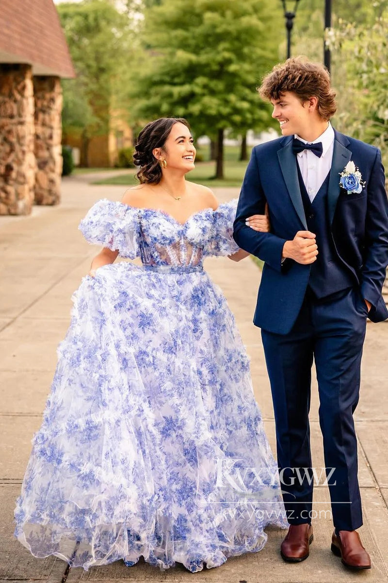 Charming A-Line Off the Shoulder Evening Gown Floral Printed Ruffle Tiered Prom Dress LF754