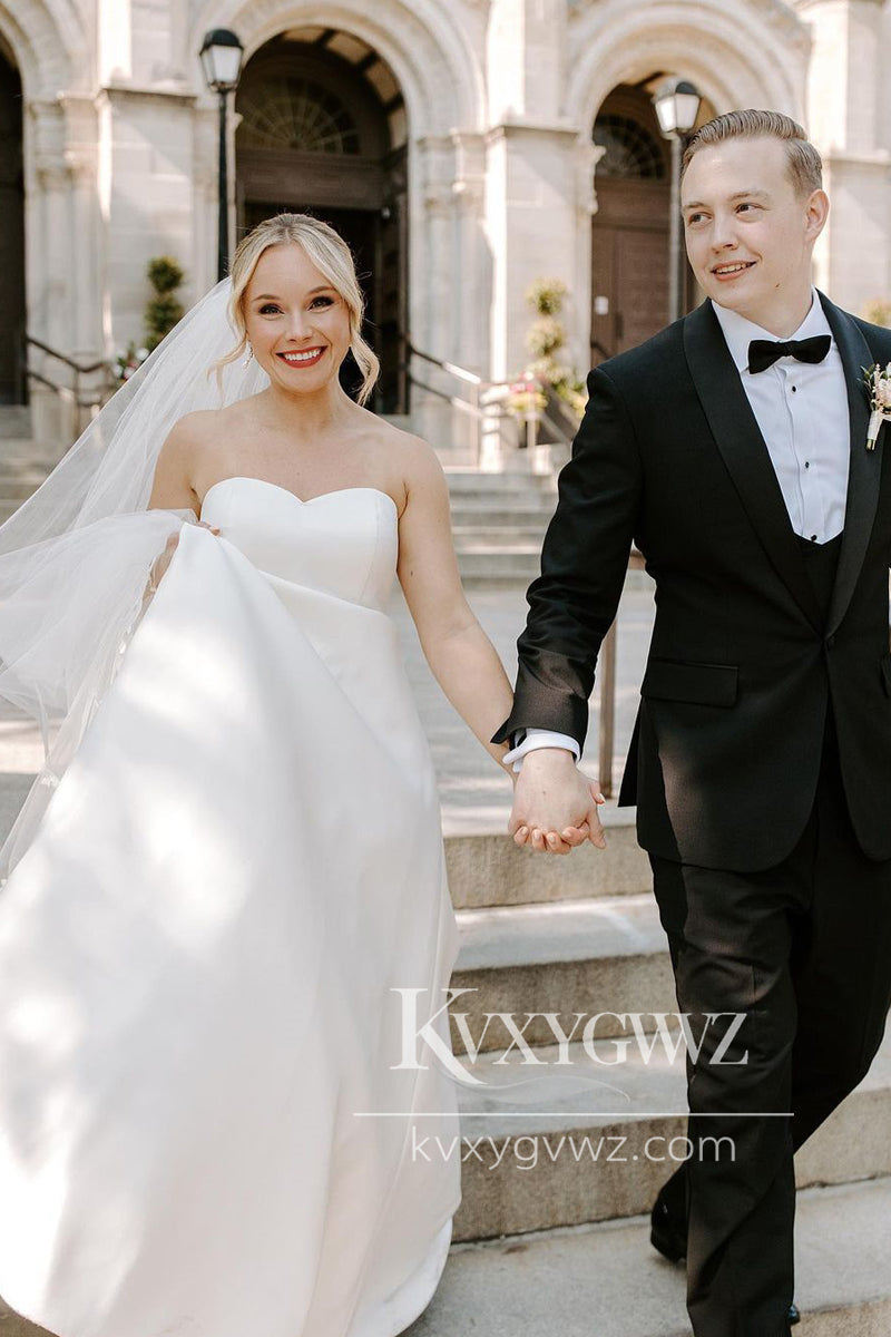 A-Line Sweetheart White Satin Wedding Dresses Gown With Sweep Train HS755