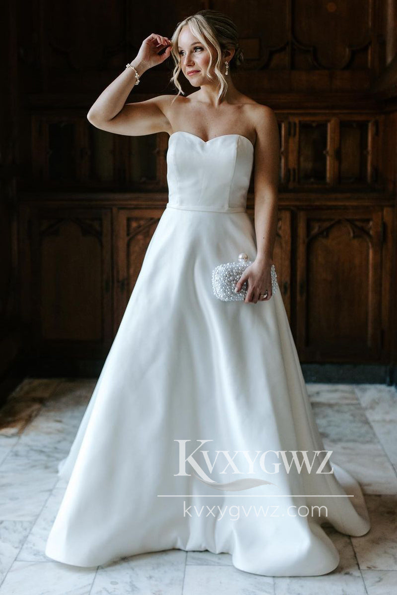 A-Line Sweetheart White Satin Wedding Dresses Gown With Sweep Train HS755