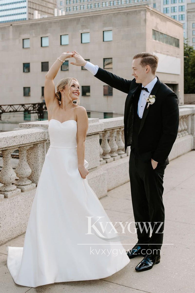 A-Line Sweetheart White Satin Wedding Dresses Gown With Sweep Train HS755