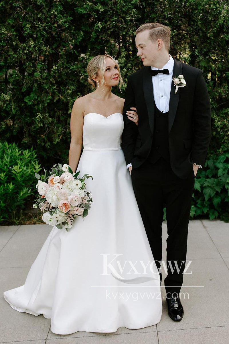 A-Line Sweetheart White Satin Wedding Dresses Gown With Sweep Train HS755