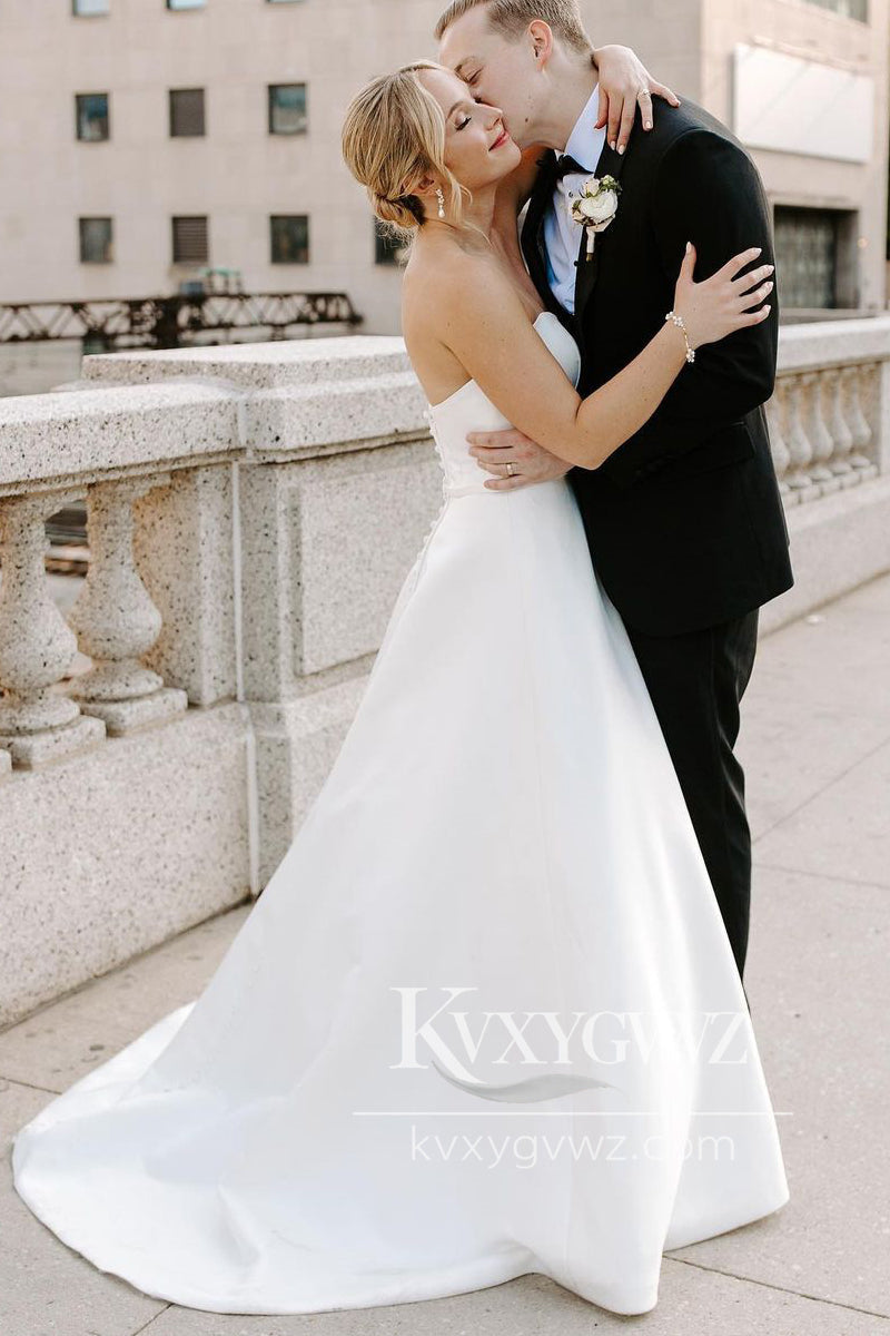 A-Line Sweetheart White Satin Wedding Dresses Gown With Sweep Train HS755