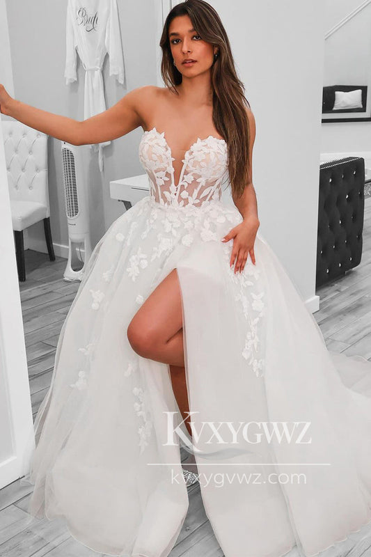 A-Line Sweetheart Tulle Wedding Dresses Gown With Sweep Train HS756