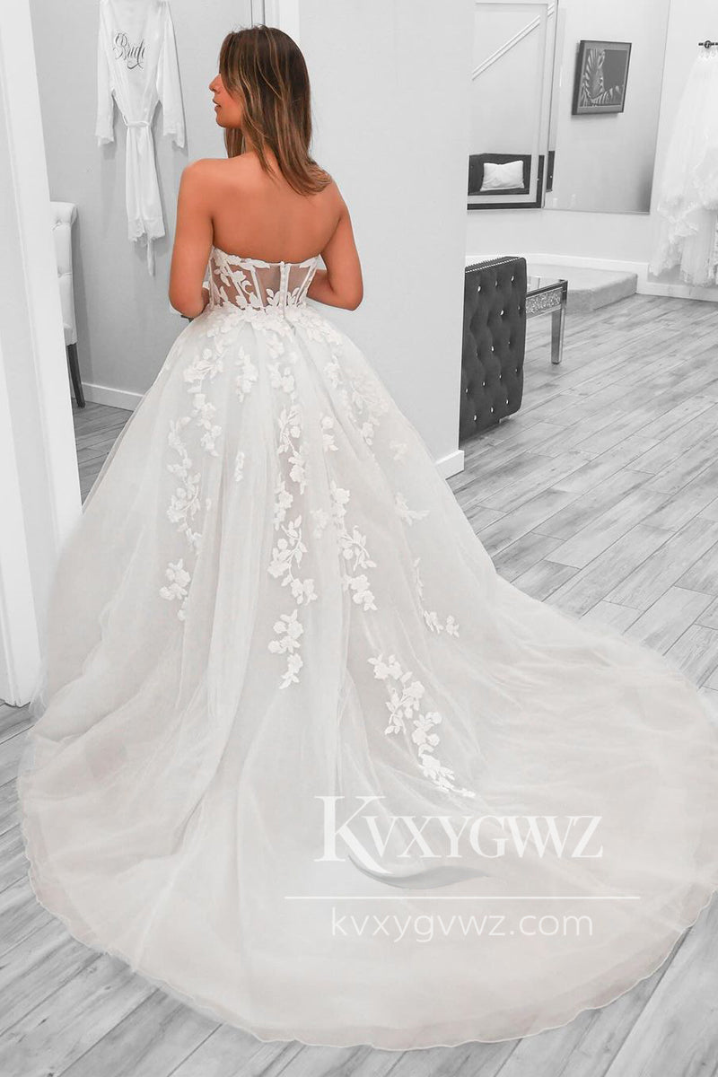 A-Line Sweetheart Tulle Wedding Dresses Gown With Sweep Train HS756
