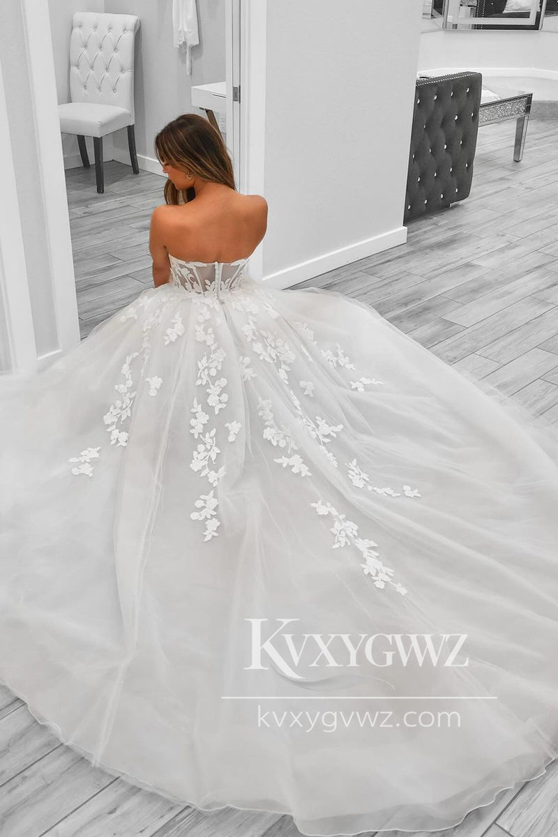 A-Line Sweetheart Tulle Wedding Dresses Gown With Sweep Train HS756