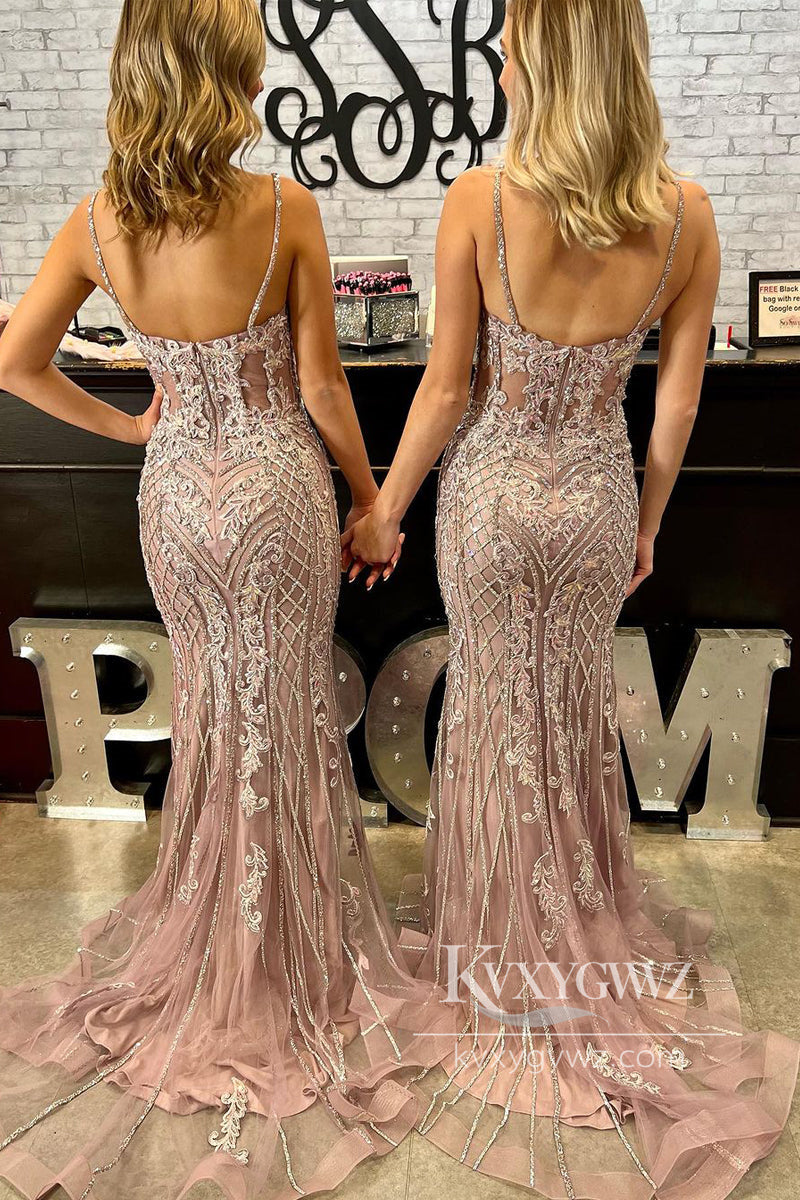 Blush Pink V Neck Tulle Evening Gown Appliques Mermaid Prom Dress LF757