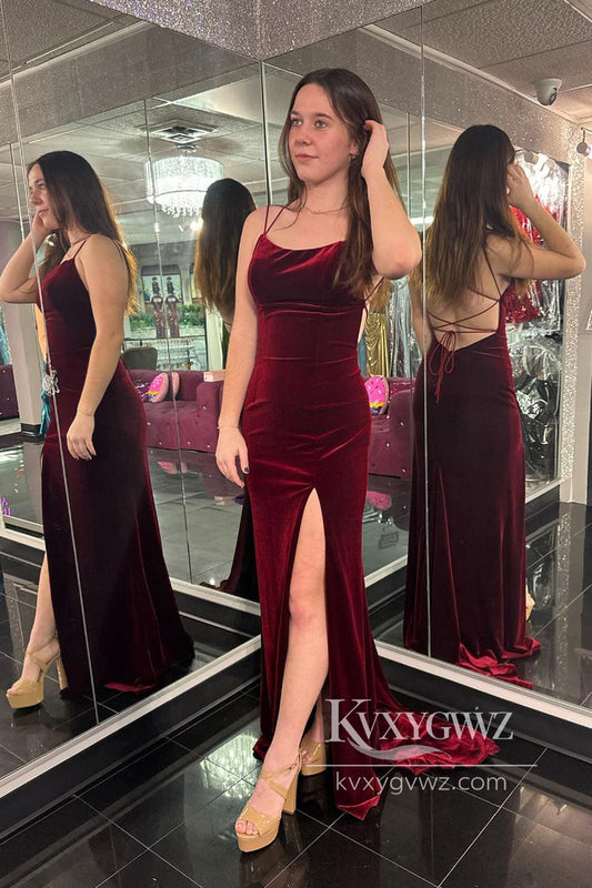 Burgundy Scoop Neck Velvet Evening Gown Mermaid Long Prom Dress with Slit LF758