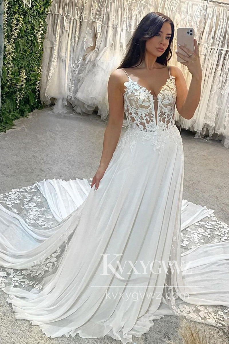 Spaghetti Strap A-Line V Neck Chiffon Boho Wedding Dresses Gown With Sweep Train HS758