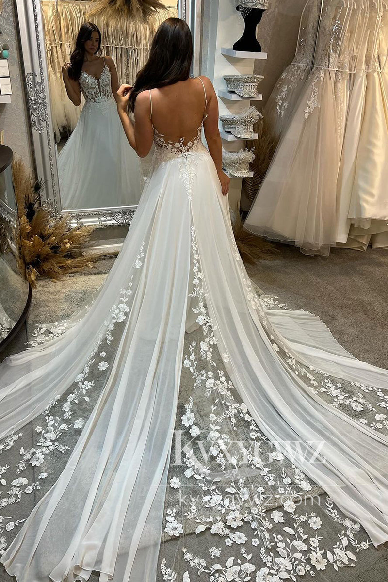 Spaghetti Strap A-Line V Neck Chiffon Boho Wedding Dresses Gown With Sweep Train HS758
