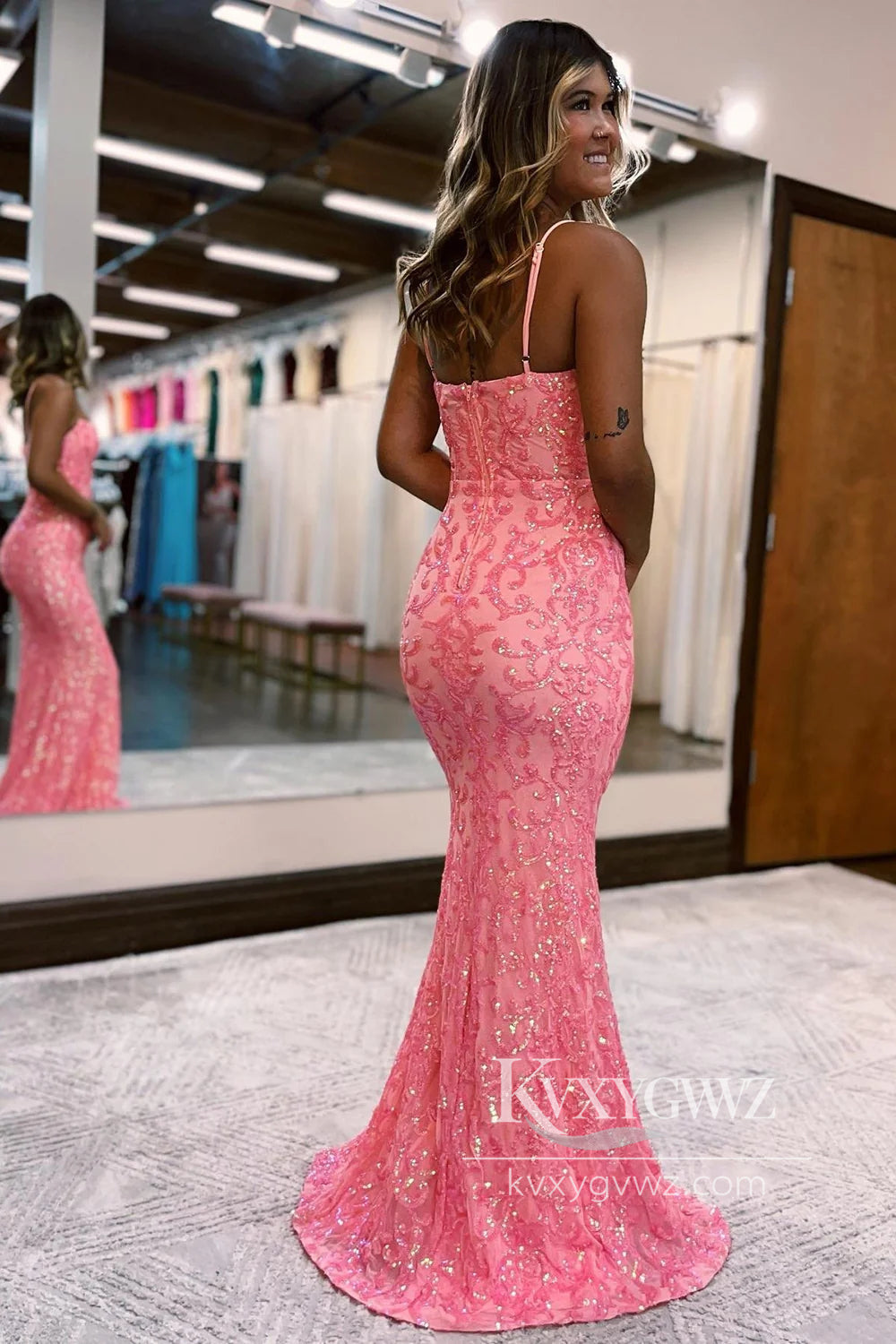 Blush Spaghetti Straps Evening Gown Sequins Mermaid Prom Dress LF759