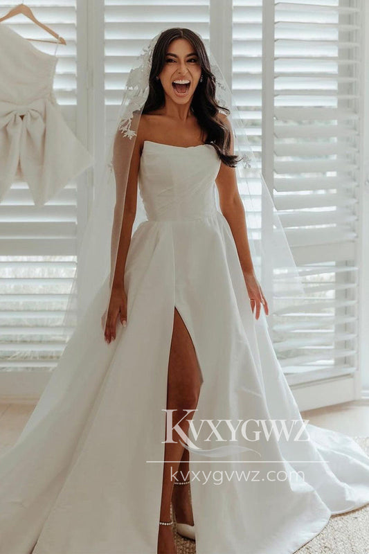 A-Line White Satin Strapless Wedding Dresses Gown with Slit HS759