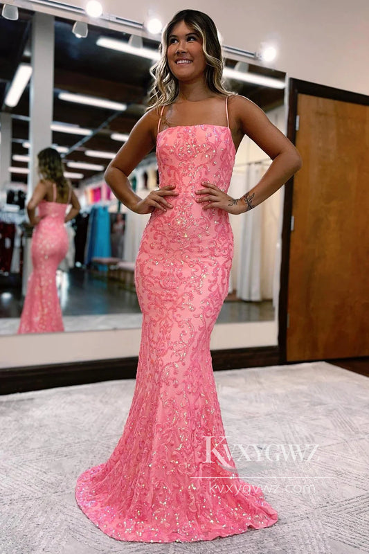 Blush Spaghetti Straps Evening Gown Sequins Mermaid Prom Dress LF759