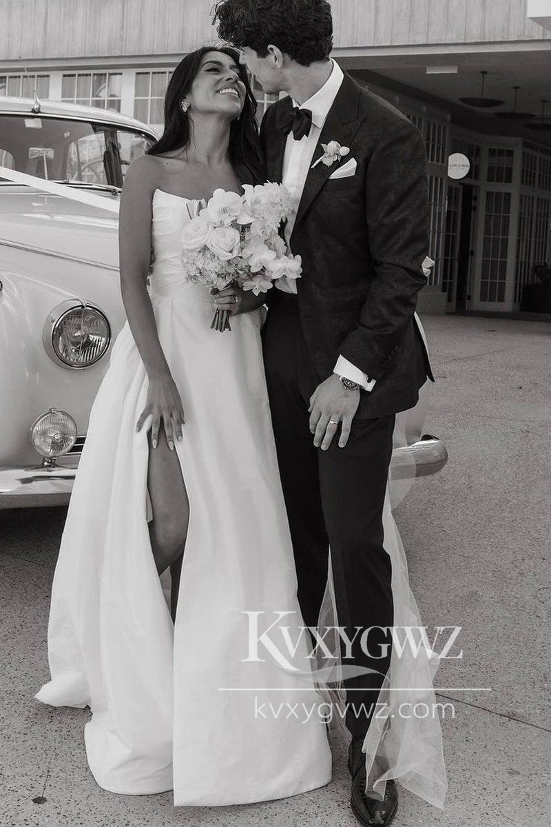 A-Line White Satin Strapless Wedding Dresses Gown with Slit HS759