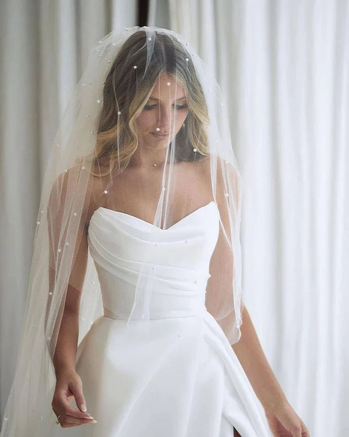 Ball Gown V Neck Pleat Satin Long Wedding Dresses Gown with Slit HS926
