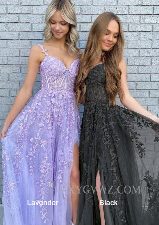 Lilac A Line Long High Split Floor Length Prom Dress with Appliques LF076