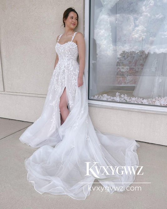 Glamorous A Line Sweetheart Tulle Wedding Dresses Gown with Appliques HS761