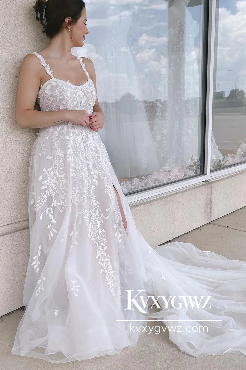 Glamorous A Line Sweetheart Tulle Wedding Dresses Gown with Appliques HS761