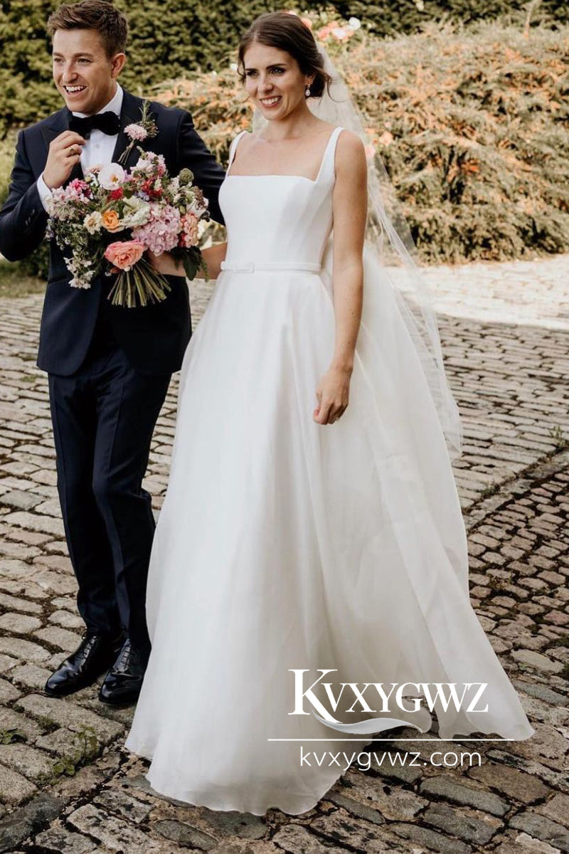 A-Line Square Neck White Wedding Dresses Gown With Sweep Train HS762