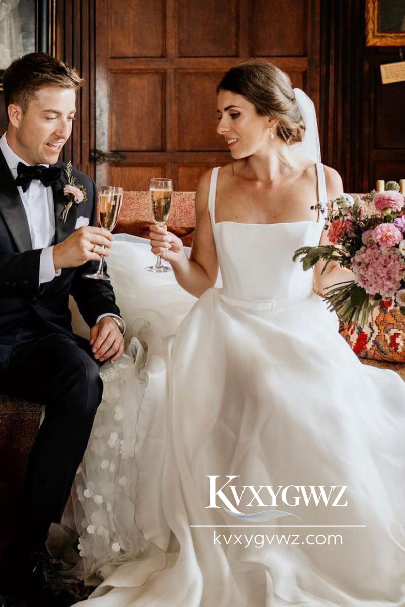 A-Line Square Neck White Wedding Dresses Gown With Sweep Train HS762