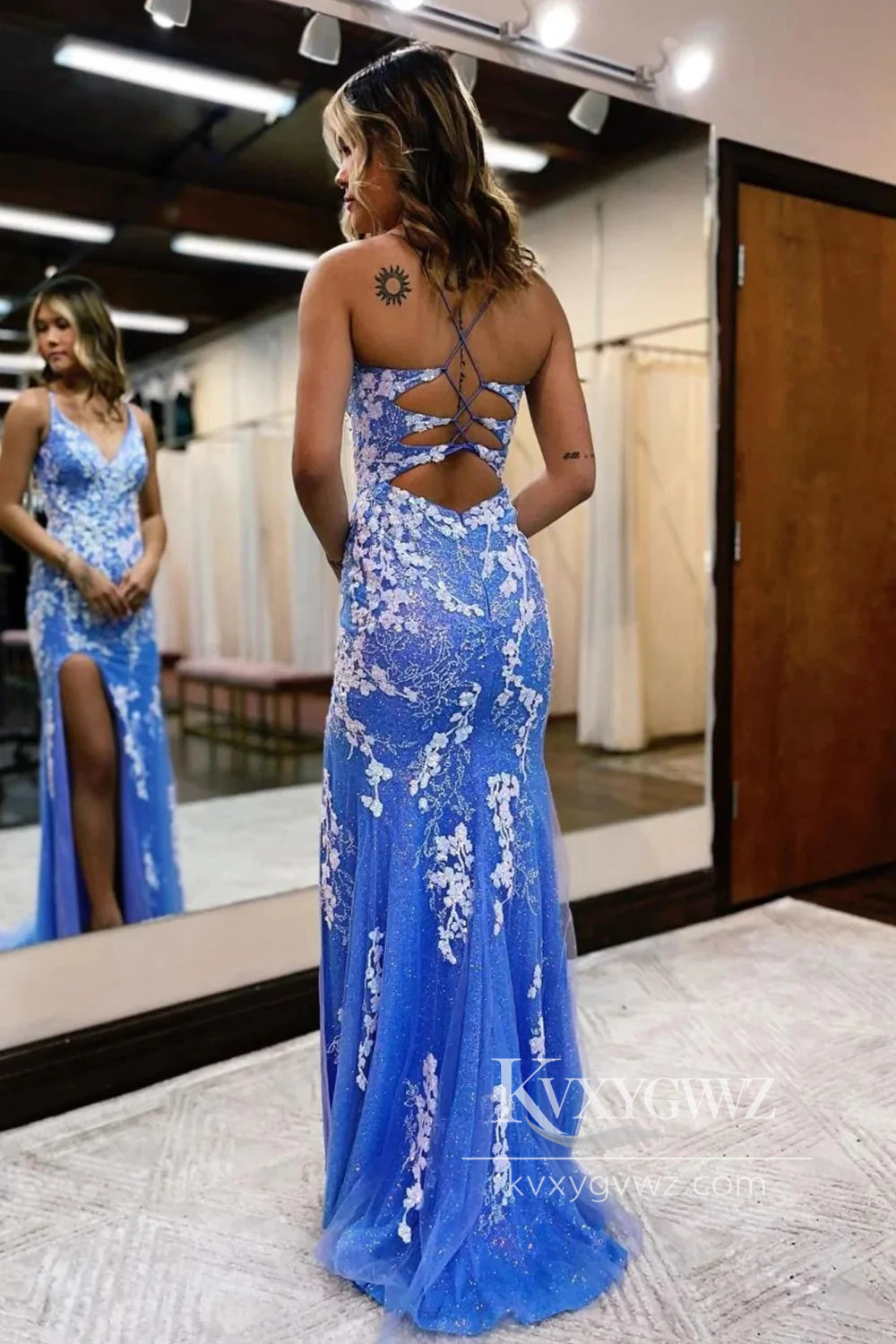 Glitter Blue Spaghetti Strap Evening Gown Mermaid Lace Prom Dress with Slit LF762