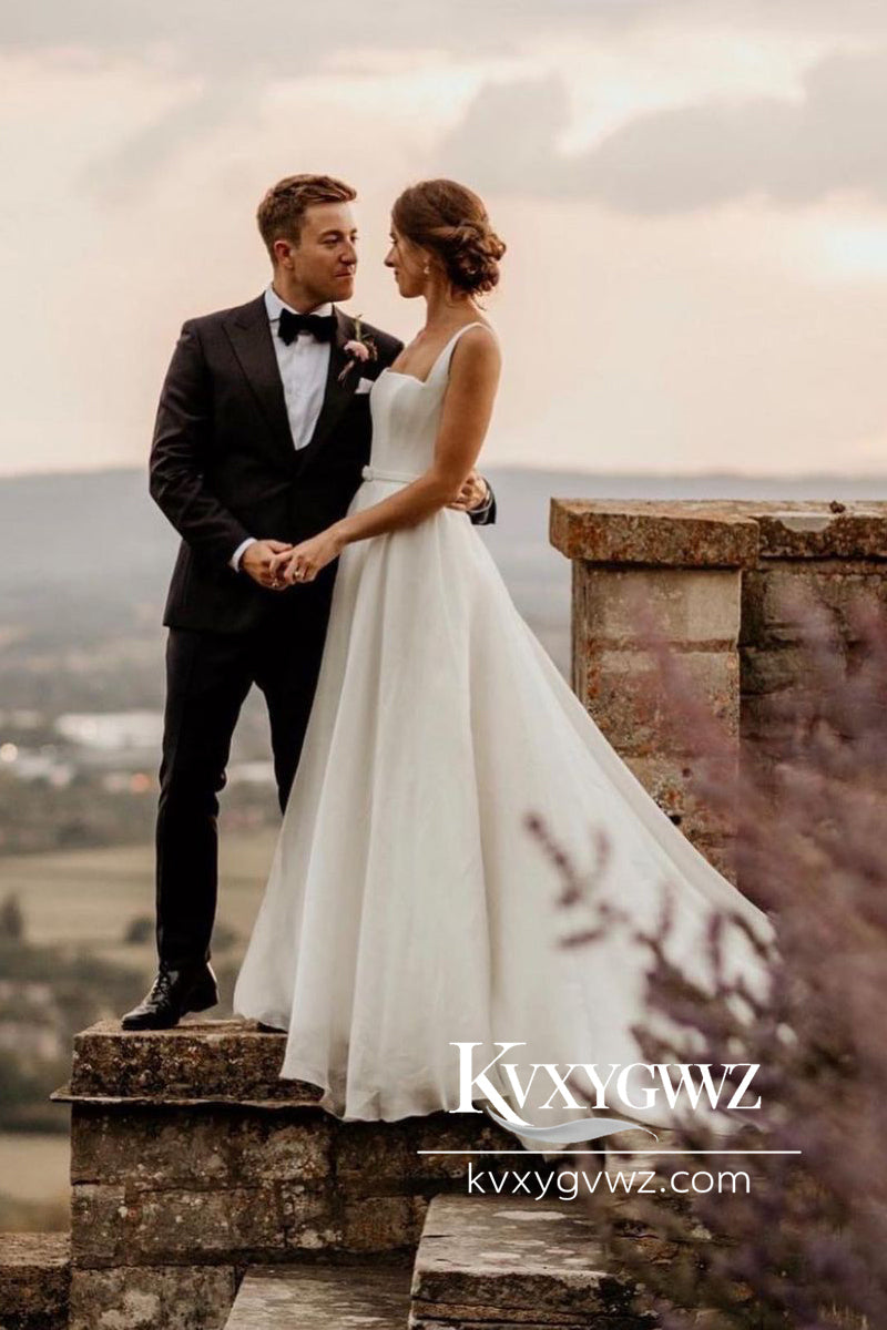 A-Line Square Neck White Wedding Dresses Gown With Sweep Train HS762