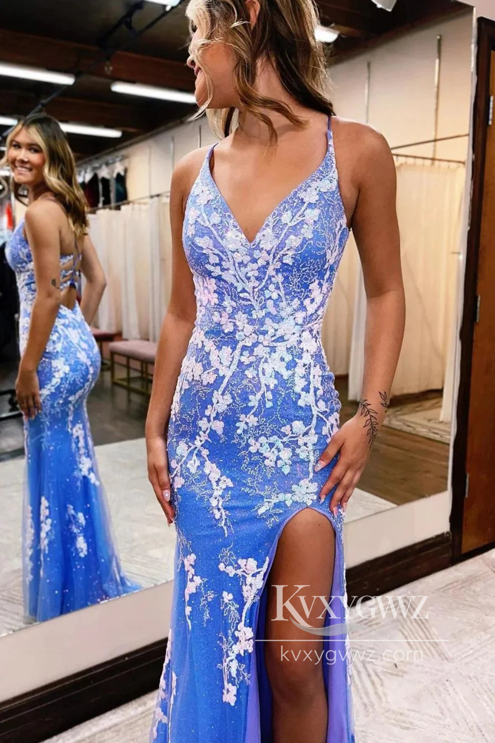 Glitter Blue Spaghetti Strap Evening Gown Mermaid Lace Prom Dress with Slit LF762