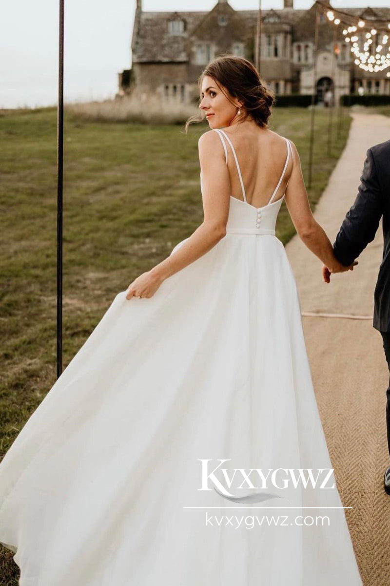 A-Line Square Neck White Wedding Dresses Gown With Sweep Train HS762