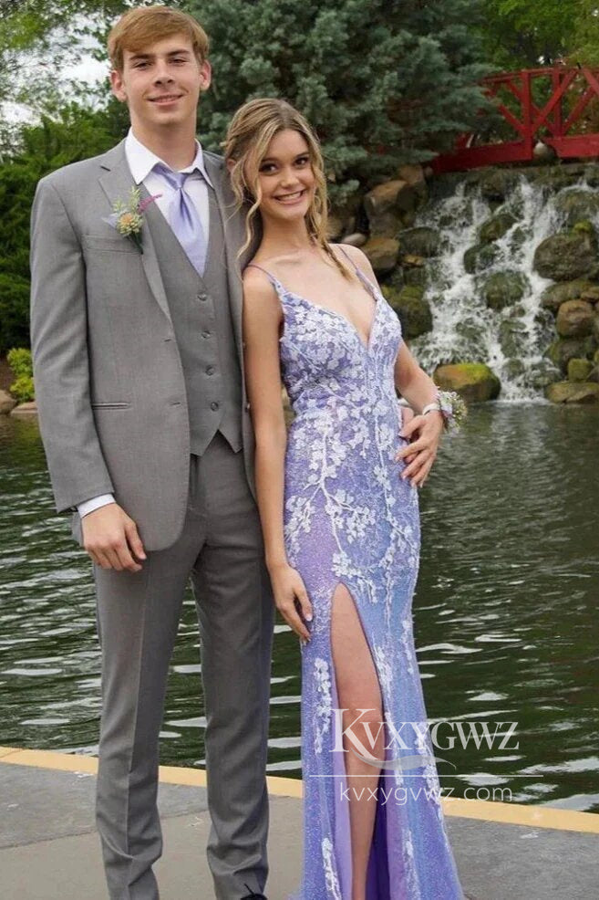 Glitter Blue Spaghetti Strap Evening Gown Mermaid Lace Prom Dress with Slit LF762