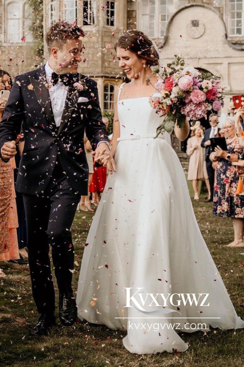 A-Line Square Neck White Wedding Dresses Gown With Sweep Train HS762
