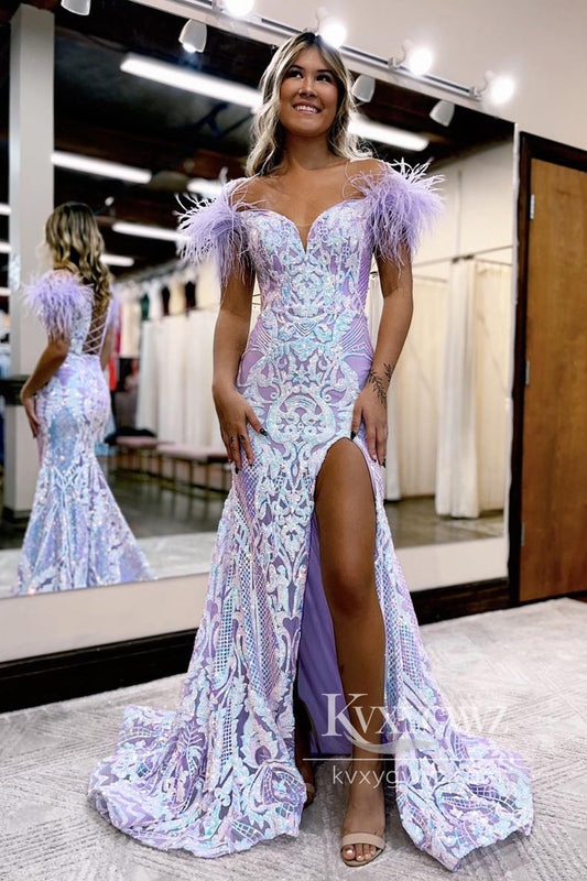 Glittering Mermaid Evening Gown Off the Shoulder Hot Pink Long Prom Dress with Feather LF763