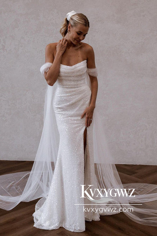 Glamorous Mermaid Off the Shoulder Sequins Wedding Dresses Gown with Slit HS763
