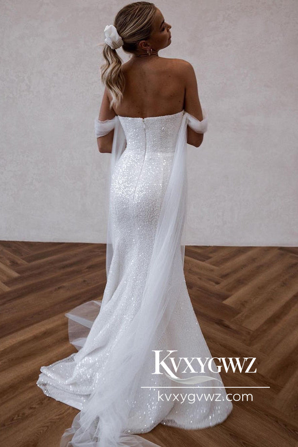Glamorous Mermaid Off the Shoulder Sequins Wedding Dresses Gown with Slit HS763