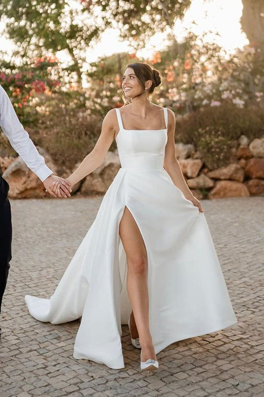 Modern A Line Square Neck Satin Long Wedding Dresses Gown with Slit HS998