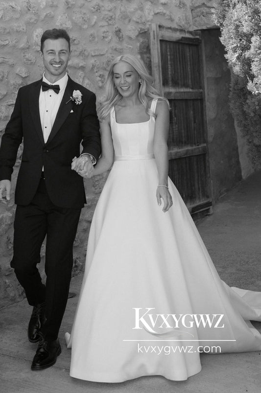 Ball Gown Square Neck Satin Wedding Dresses Gown With Sweep Train HS764