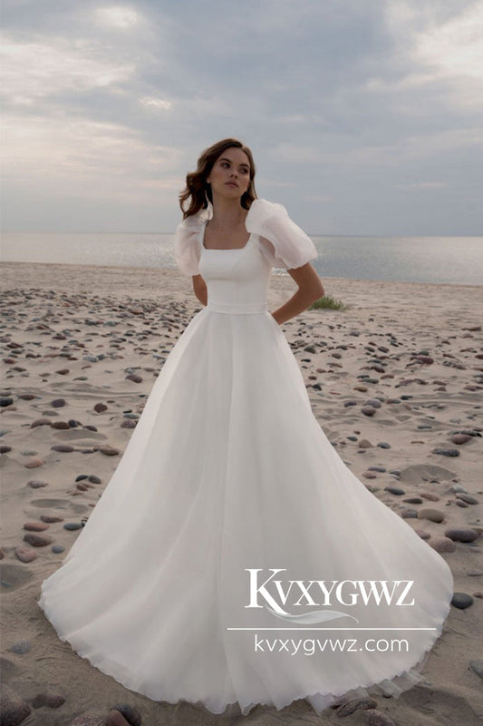 Glamorous A-Line Square Neck Puff Sleeves Wedding Dresses Gown with Train HS765
