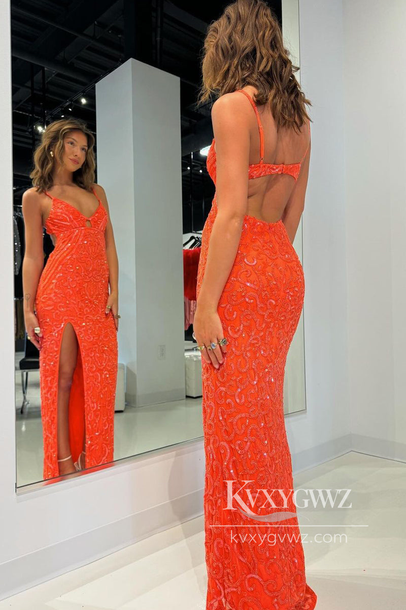 Mermaid V Neck Orange Evening Gown Spaghetti Strap Sequin Lace Long Prom Dress with Slit LF765