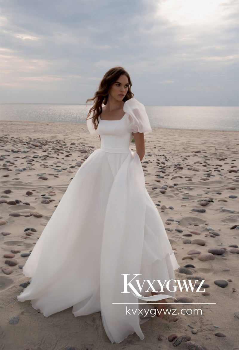 Glamorous A-Line Square Neck Puff Sleeves Wedding Dresses Gown with Train HS765