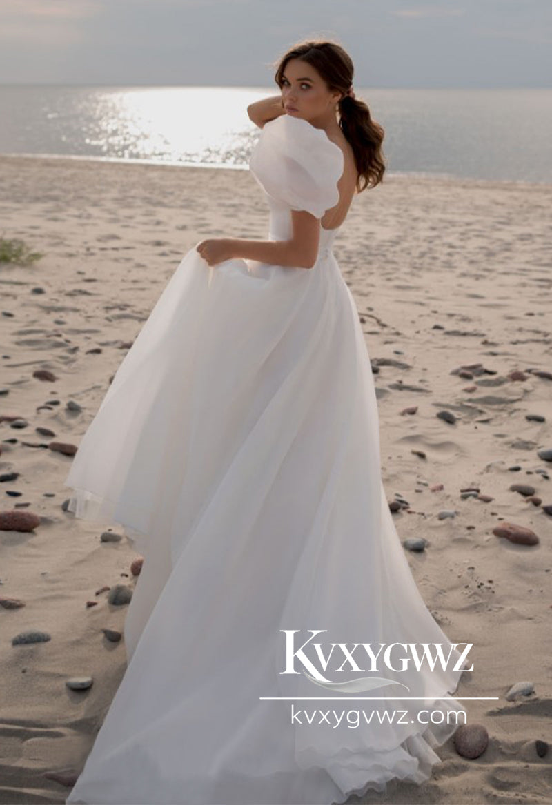 Glamorous A-Line Square Neck Puff Sleeves Wedding Dresses Gown with Train HS765