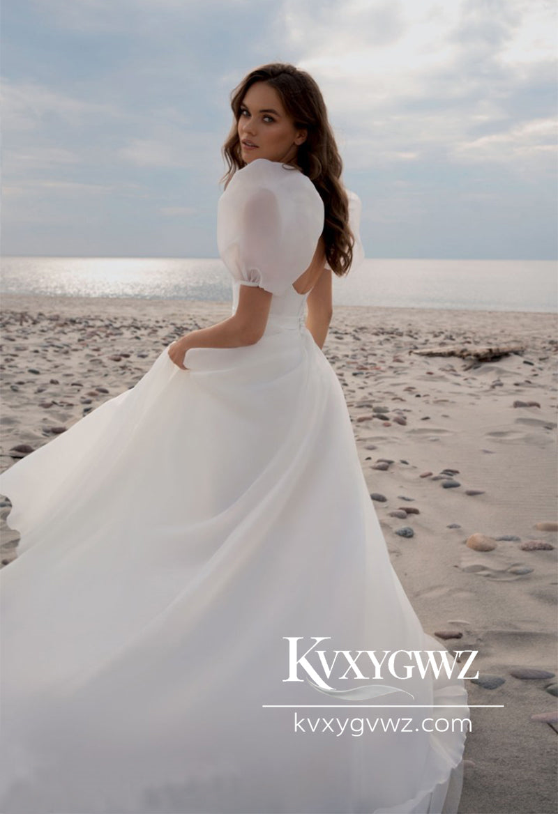 Glamorous A-Line Square Neck Puff Sleeves Wedding Dresses Gown with Train HS765