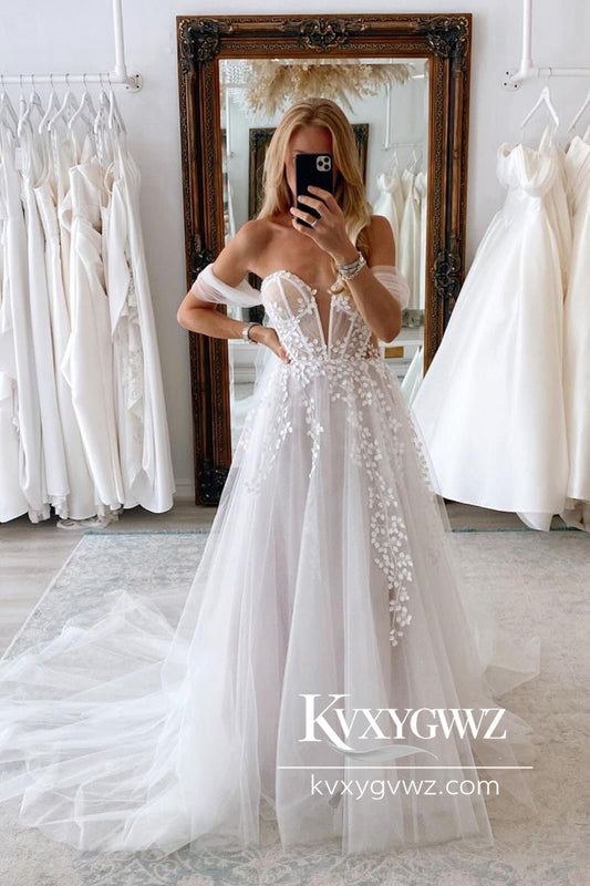 A-Line Sweetheart Tulle Appliques Wedding Dresses Gown HS767