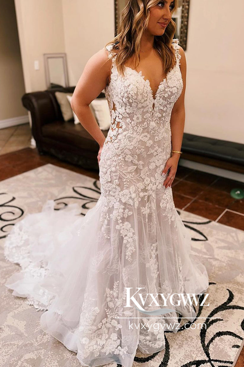 Glamorous Bohemian Mermaid V Neck Tulle Lace Wedding Dresses Gown with Train HS768