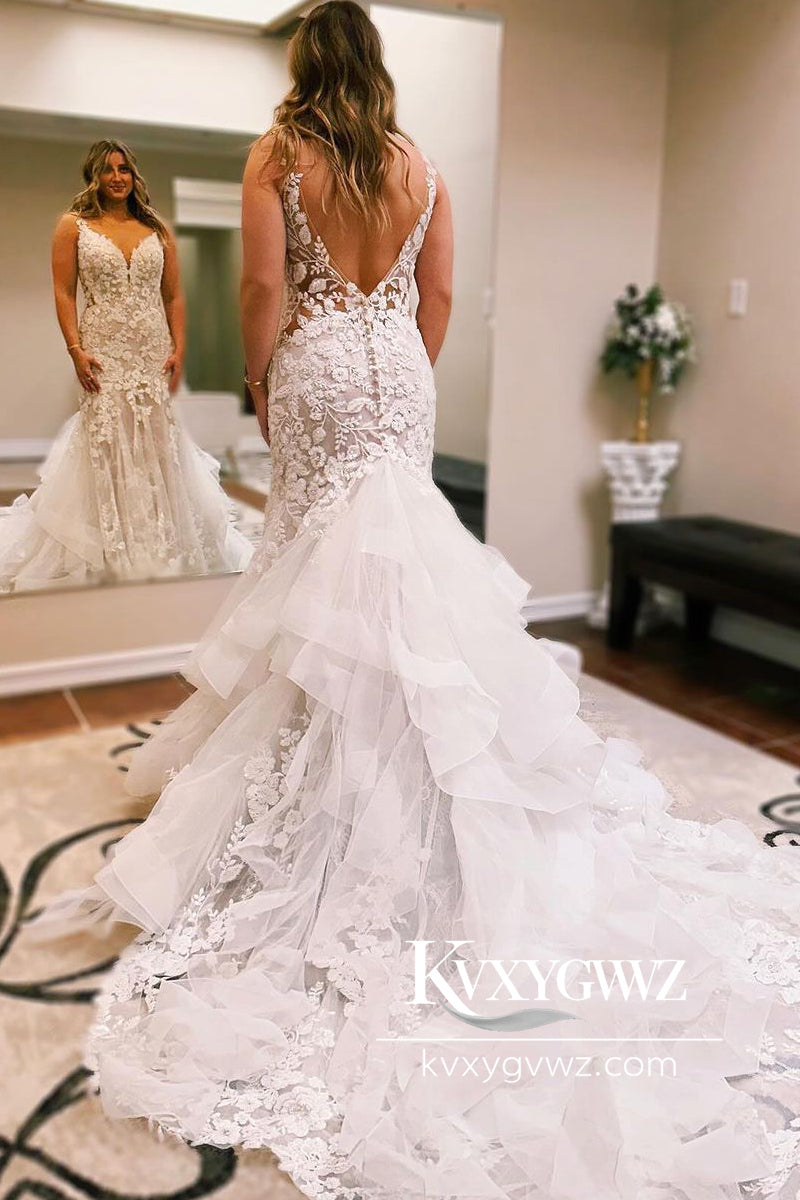 Glamorous Bohemian Mermaid V Neck Tulle Lace Wedding Dresses Gown with Train HS768