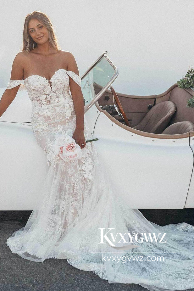 Glamorous Mermaid Off the Shoulder Tulle Wedding Dresses Gown with Lace HS769