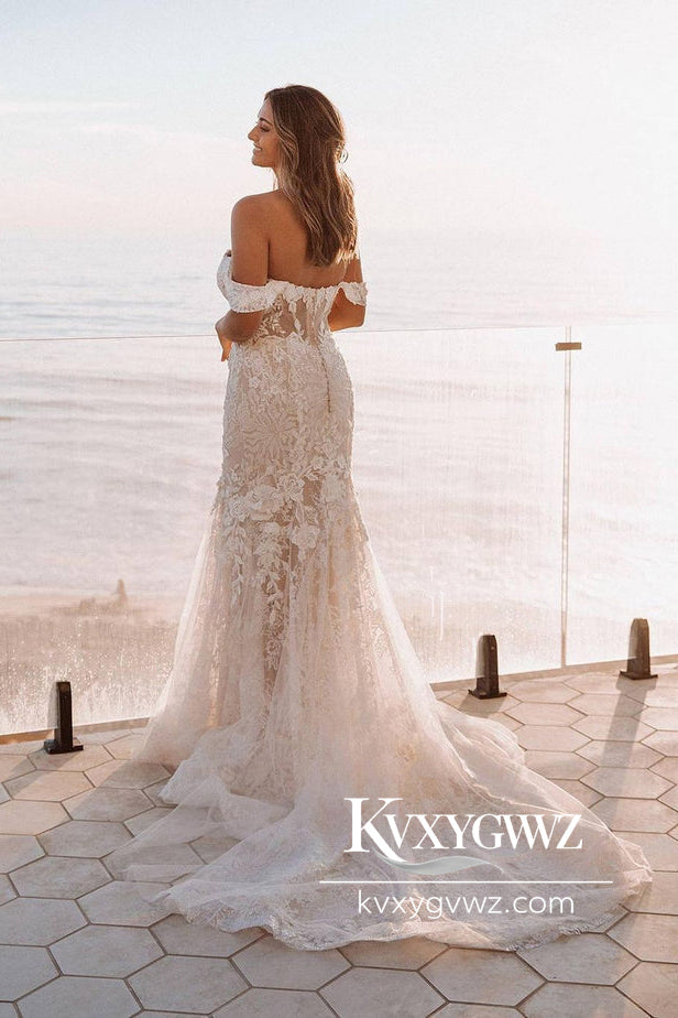 Glamorous Mermaid Off the Shoulder Tulle Wedding Dresses Gown with Lace HS769